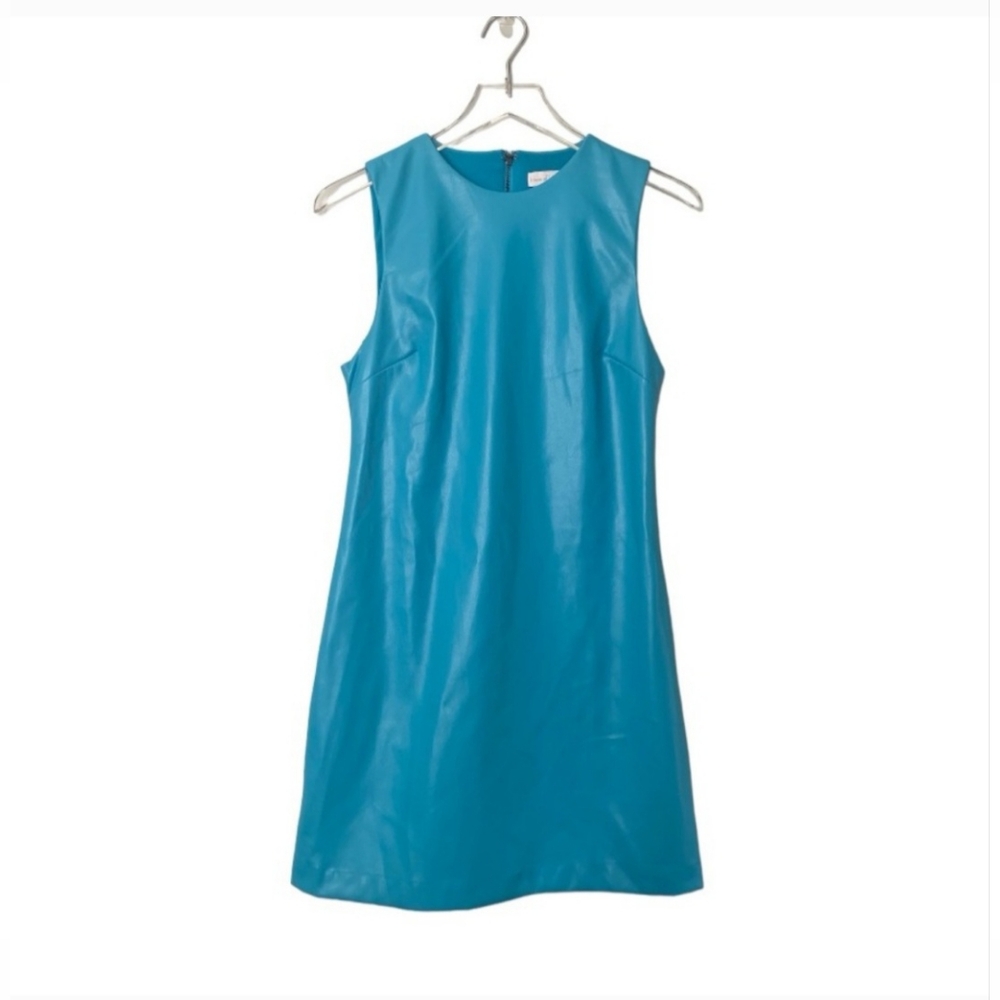 House Of Harlow 1960 Tiffany Blue Retro Mod Fall Leather Shift Dress-Small